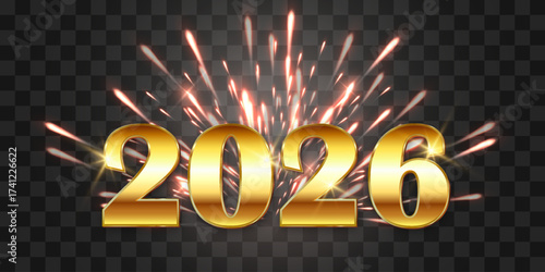2026 New Year's Eve fireworks. Festive fireworks with brightly shining sparks. Realistic sparks and explosions. Vector isolated on png background.