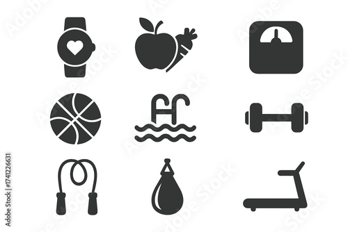 Fitness and sport web icons set. Healthy lifestyle concept. Training, workout, gym symbols. Watch, diet, weight scale, ball, pool, dumbbell, jump rope, punching bag, treadmill.