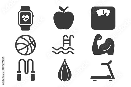 Fitness and sport icons set. Health, gym, workout concept. Healthy lifestyle pictograms. Watch, diet, weight scale, ball, pool, muscle, skipping rope, punching bag, treadmill.
