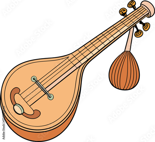 Tan lute-like stringed instrument with orange body and tuning pegs