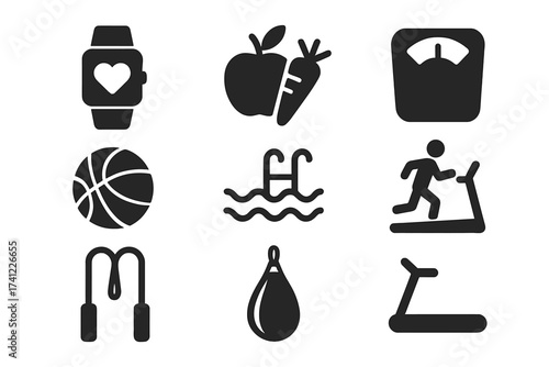Fitness and sport icon set. Health, exercise, and workout concepts. Vector pack of smartwatch, healthy diet, weight scale, ball, pool, running, skipping rope, boxing bag.