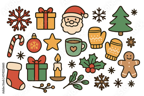 Christmas doodle sticker set with Santa, gift, tree, snowflake. Retro winter holiday vector illustration collection. Festive cartoon icons for greeting cards and design.
