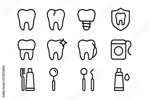 Dental line icons set. Dentist, stomatology pictogram pack. Oral care, tooth treatment, implant, caries, hygiene, whitening, floss. Outline vector symbol for website, app.