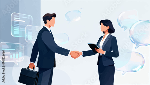 Business handshake with digital interface elements