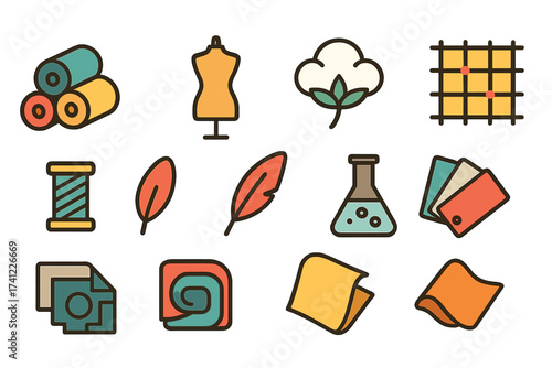 Fabric icons set for textile industry, sewing, and fashion design. Vector symbols of material, mannequin, cotton, thread, pattern, color palette samples, and fabric dye.