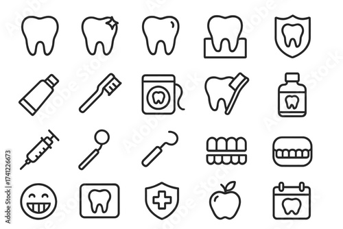 Dentistry and dental care line icon set. Stomatology, orthodontics thin linear symbols. Vector collection of tooth, toothbrush, toothpaste, floss, braces, implant, dentist tools.