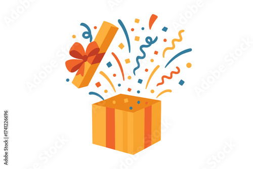 Gift box package exploding in confetti vector illustration. Giveaway enter to win. Contest with prize and rewards banner. Surprise present promotion. Celebration party bonus.