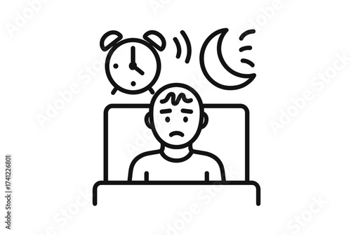 Insomnia and sleep disorder vector line icon. Sleepless man in bed at night. Concept for early awakening, stress, anxiety, fatigue, depression, and mental health problems.