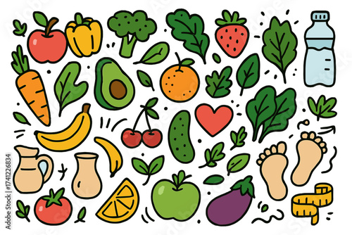 Healthy food doodle set with fruits and vegetables. Vector cartoon icons for diet, nutrition, wellness. Fresh organic meal concept. Health care, fitness and lifestyle elements.