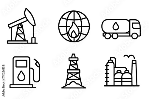 Oil and gas industry line icon set. Petrol production, fuel transportation, and energy concept. Vector pictograms of oil rig, pumpjack, refinery, tanker truck, and gas station.