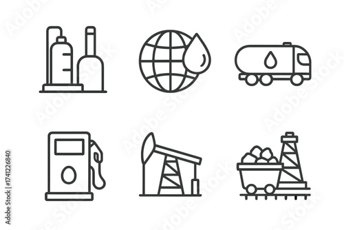Oil gas and coal industry line icon set. Fuel production, energy mining concept. Outline pictograms of oil derrick, refinery, tanker truck, gas station, and global resources.