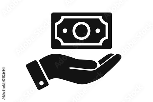 Hand with money vector icon. Concept for finance, payment, cash transaction, banking. Graphic element for salary, income, savings, business, investment, loan. Flat symbol.
