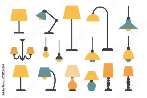 Lamps set graphic elements. Flat design bundle of table and floor lamps, chandeliers, hanging light bulbs with modern lampshades. Interior furniture and home decoration icons.