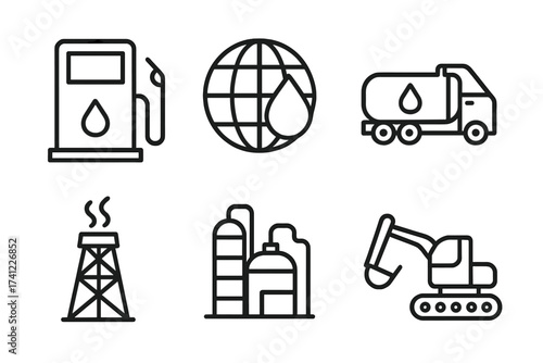 Oil and gas industry line icon set. Petrol production, fuel transportation, station, mining concept. Global energy outline pictogram bundle. Vector illustration collection.