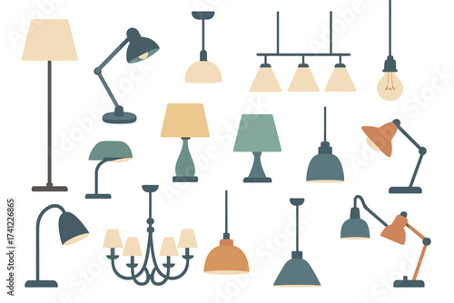 Lamps set vector illustration. Flat design graphic elements bundle. Collection of table, floor, and desk lamps, chandeliers, hanging pendant lights and modern lampshades.