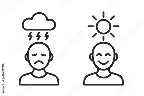 Mental health icon, mood swing metaphor. Sad person with storm cloud, happy with sun. Bipolar disorder, stress, depression vs clarity, happiness. Emotional wellness vector.