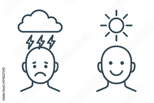 Bipolar disorder, mood swing metaphor. Sad and happy face. Depression, stress versus happiness, clarity. Mental health icon. Psychology, emotional wellness concept vector.