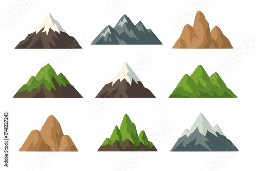 Mountain isolated graphic elements set. Flat design bundle of different peaks and rocks with ice or green plants. Rocky landscape symbols for camping and outdoor adventure.
