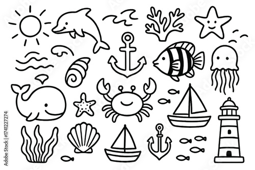 Cute sea animal doodle set. Black and white cartoon vector icons of marine life. Hand-drawn nautical elements: whale, fish, crab, dolphin, anchor, boat, lighthouse. Ocean sketch.