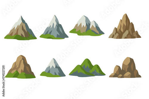 Mountain graphic elements set. Bundle of different mountain peaks, rocks with ice and snow, and green hills. Isolated vector icons for camping, hiking, travel, and adventure.