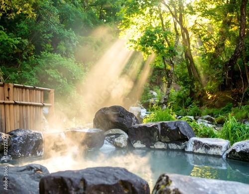 Morning sunlight streams into a tranquil outdoor onsen