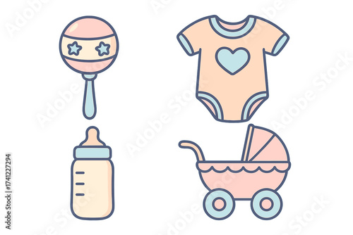 Baby essentials vector icon set. Cute cartoon illustrations of rattle, onesie, bottle, and pram for newborn, baby shower, or infant design. Isolated pastel graphic elements.