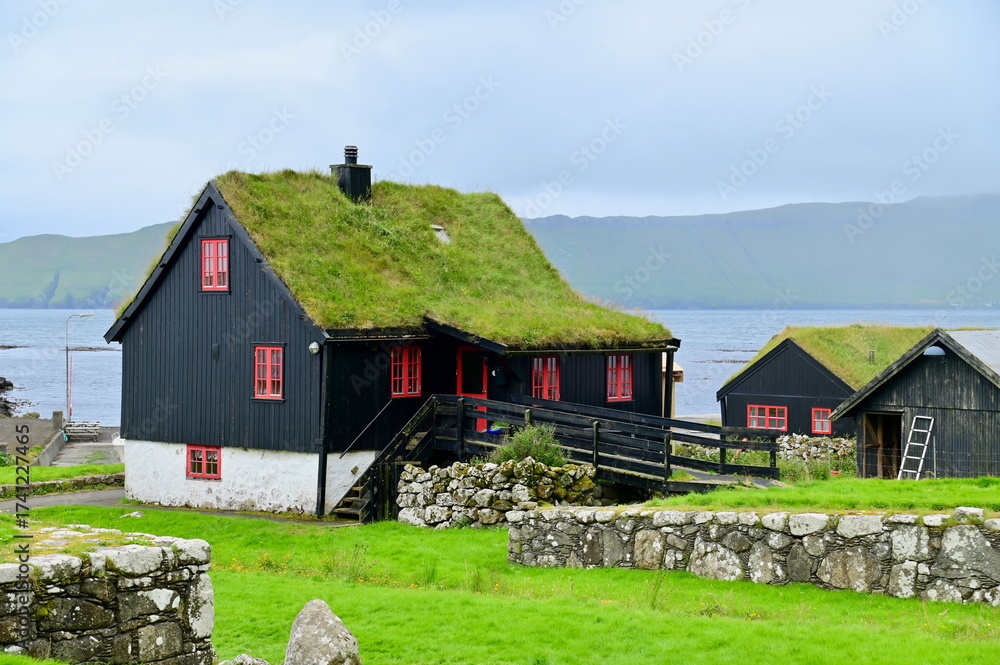 Obraz premium Historic Faroese Turf-Roof Farmhouses in Kirkjubour Village with Dramatic Ocean Backdrop