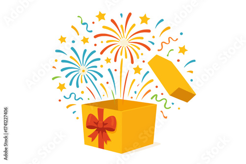 Prize box opening with exploding fireworks and confetti. Enter to win contest concept. Gift box surprise for winner celebration. Vector illustration for promotion and giveaway.
