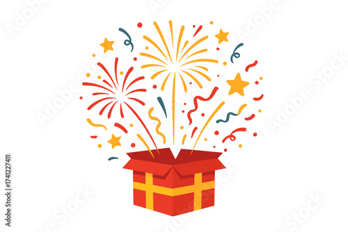 Prize box exploding with fireworks and confetti. Enter to win promotion design. Contest winner and giveaway celebration concept. Surprise gift reward. Vector illustration.