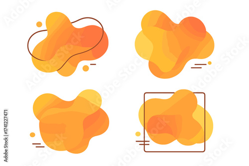 Set of modern organic shapes. Fluid vector trendy elements. Abstract liquid amoeba form. Orange gradient blob collection for banner background. Graphic template with frame.