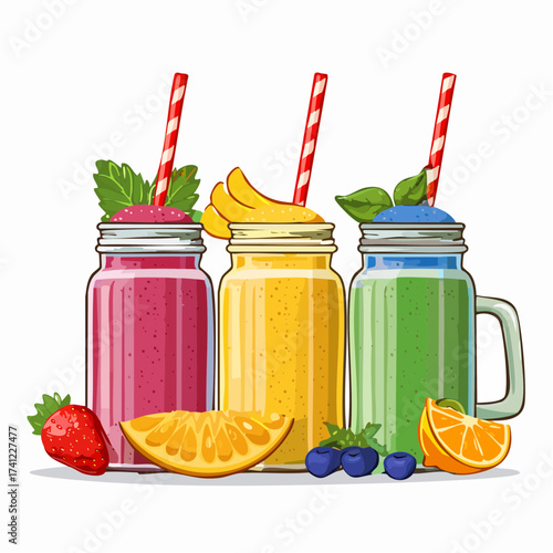 Delicious and colorful smoothies in mason jars 