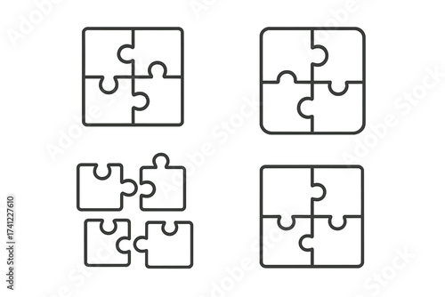 Vector puzzle icons for corporate strategy, teamwork and connection. Outline jigsaw pieces representing problem solving, solutions, mergers, and business integration concepts.