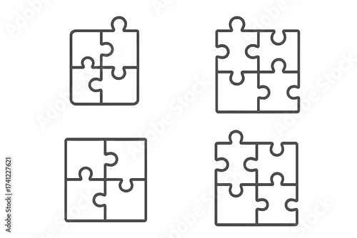 Vector puzzle icon set for business strategy and teamwork concepts. Flat thin line outline illustration of four matching jigsaw pieces. Symbol of connection, solution, and collaboration.