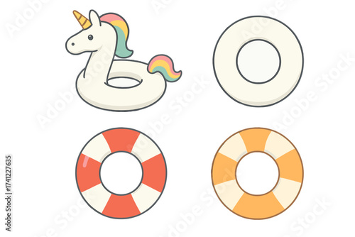 Unicorn inflatable ring and lifebuoy set. Pool and beach float vector graphic icons. Summer vacation water fun toy elements. Swimming safety buoy and unicorn floaty illustration.