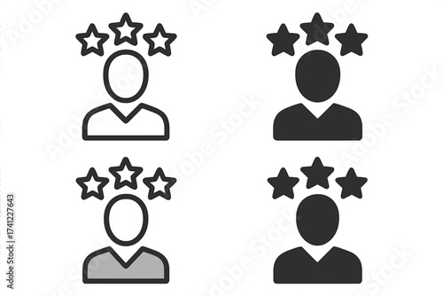 Vector icon set of a person with three stars. Symbol for employee of the month, quality rating, VIP customer, loyalty reward program, or premium subscription member.