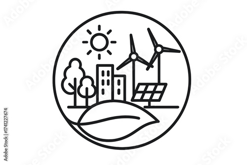 Renewable energy thin line icon. Green city concept with wind turbines, solar panel, and leaf. Sustainable urban living vector illustration. Eco-friendly power sources logo.