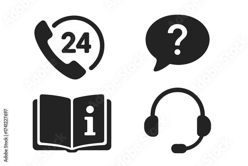 Web support icons set. 24h assistance, help chat, handbook, information, and guide signs. Hotline, technical support, and customer service vector symbols for web design.