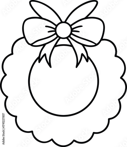 Outline drawing of a baby bib with a bow isolated on white background