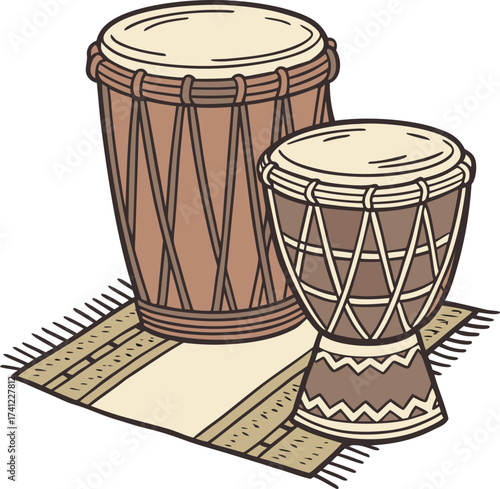Two hand drawn djembe drums on a patterned rug percussion