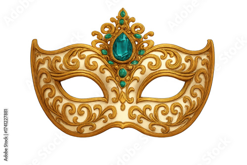 Venetian masquerade mask with gold filigree and emerald jewels