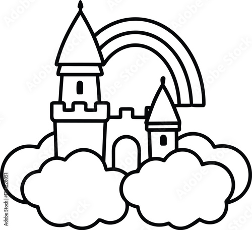 Outline drawing of a castle on clouds with a rainbow isolated on white background