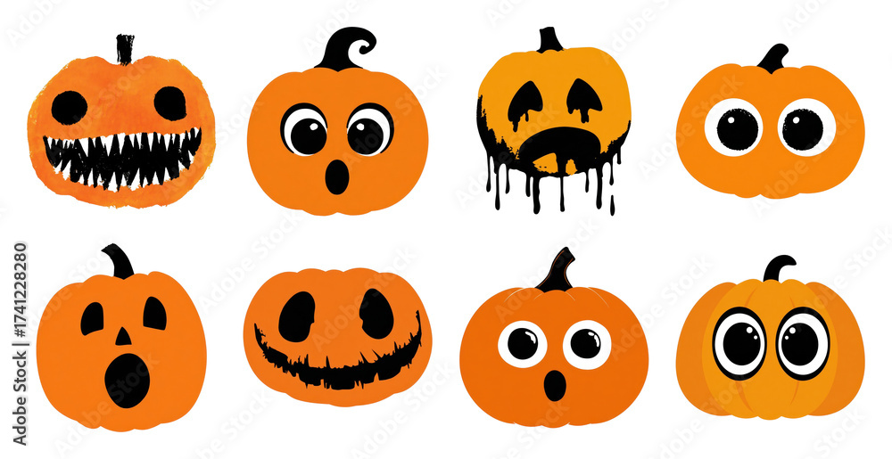 Obraz premium PNG Halloween pumpkins with various expressions, element set on transparent background