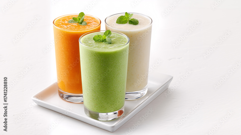Fototapeta premium Trio of Refreshment: Vibrant smoothies of various flavors, adorned with fresh mint, are elegantly presented on a serving tray, evoking a sense of health and delicious refreshment.