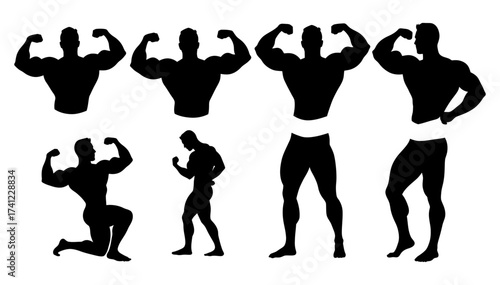 Bodybuilder Silhouette Set.Muscular Men Flexing Poses Collection, Fitness Vector Icons.