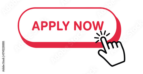 Apply Now button with hand cursor – bold red call-to-action graphic with shadow effect for job application, web interface, and user engagement