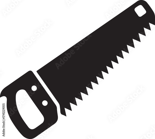 Black silhouette of a hand saw with a wooden handle and serrated blade