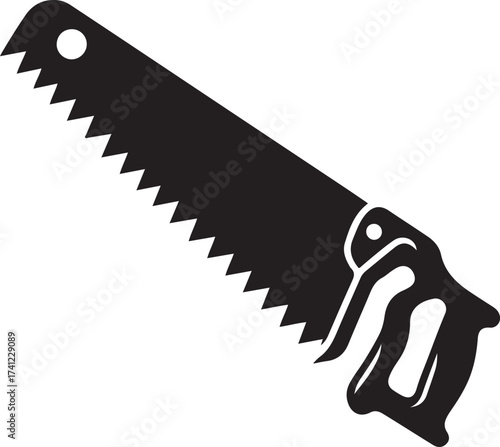 Black silhouette of a hand saw with a wooden handle and serrated blade