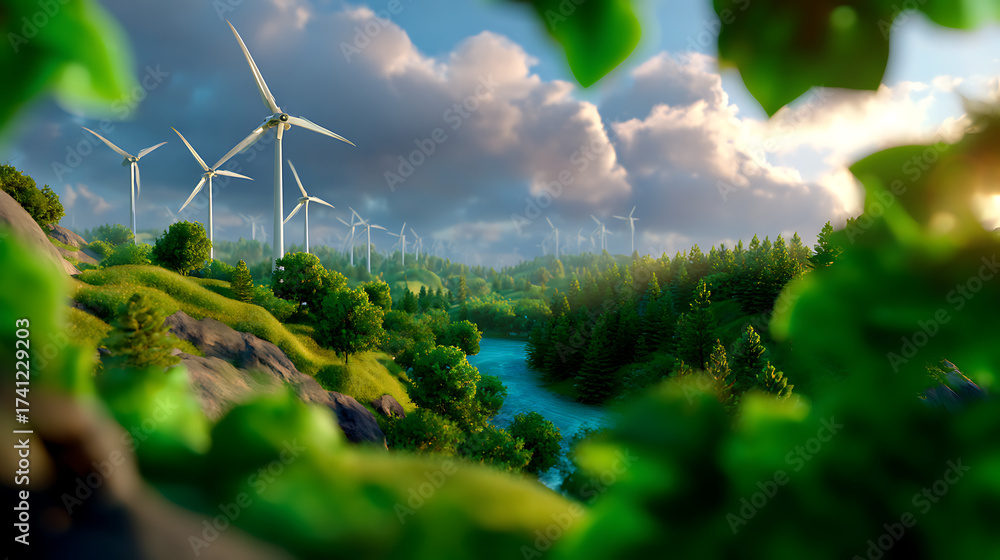 Naklejka premium Lush Green Landscape with Distant Wind Turbines and Leafy Foreground