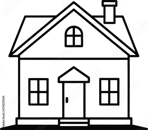 A black and white line drawing of a simple house with a chimney, windows, and a door, isolated on white background