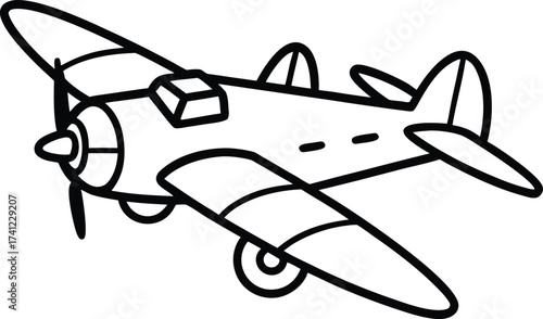 A black and white line drawing of a vintage airplane with a propeller and wings, isolated on white background